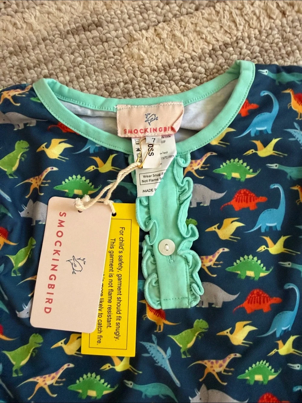 Kids Navy Blue Dinosaur pajama Set with Mint Accents